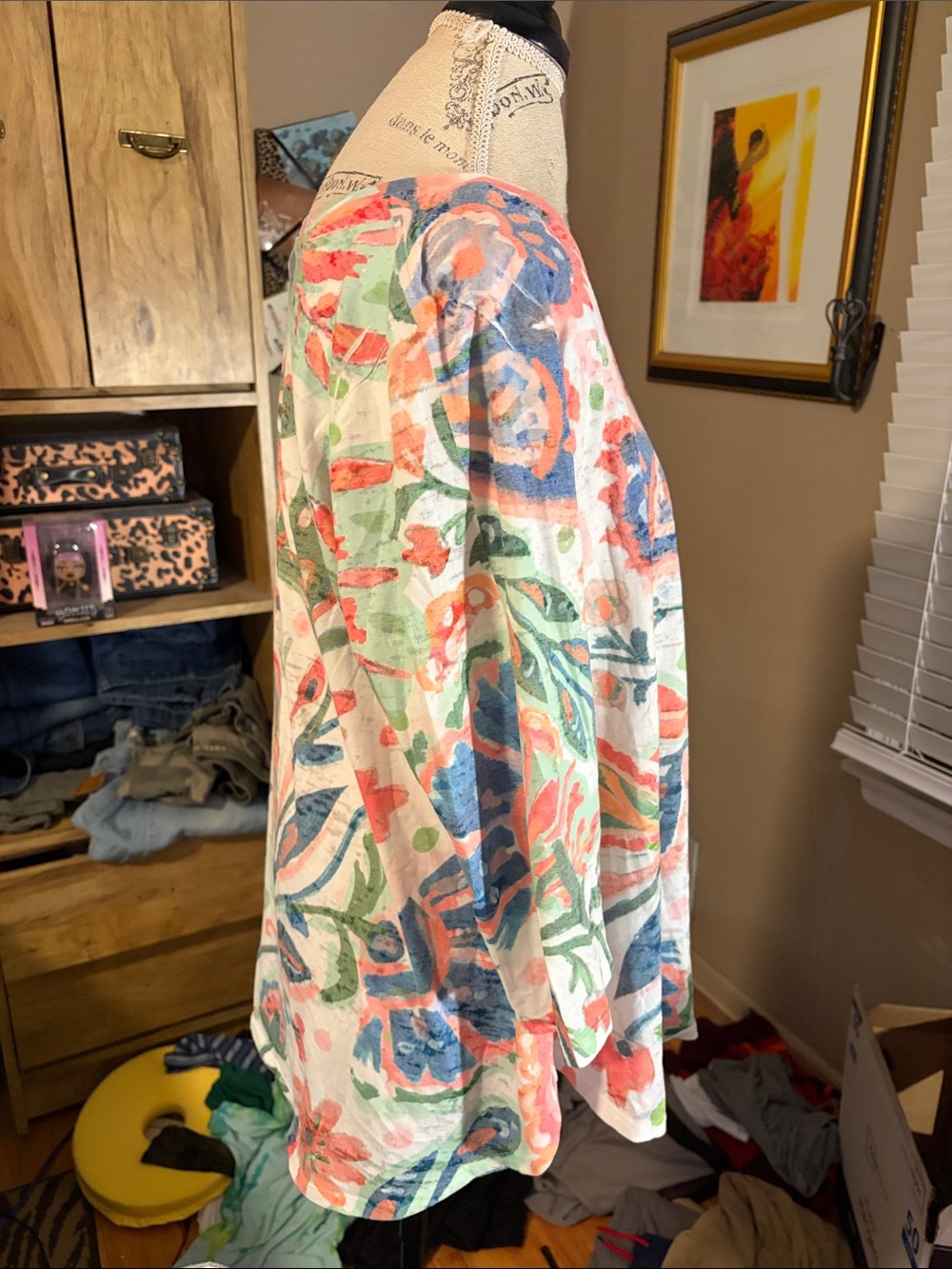 Floral Watercolor Print Tunic - White with Coral & Blue - XL - Picture 2 of 5